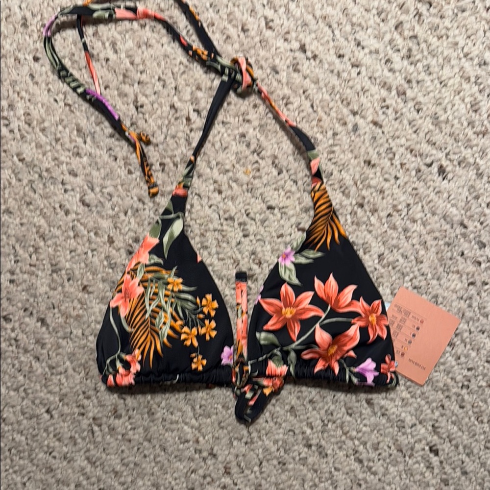 Shade & Shore Black Triangle Bikini Top with Orange and Pink Floral Trim